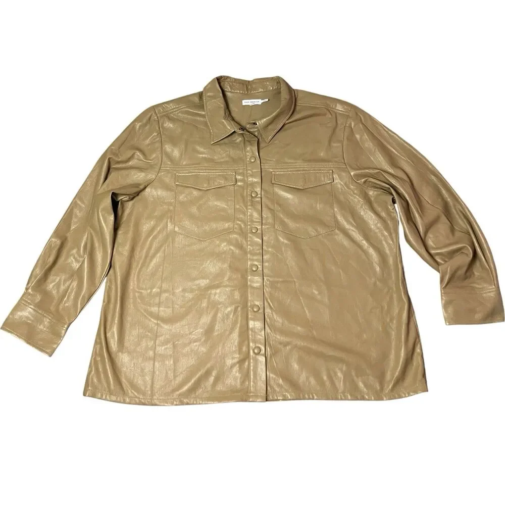 Good American Faux Leather Shirt Jacket Tan‎ Womens 7 Snap Front Overshirt